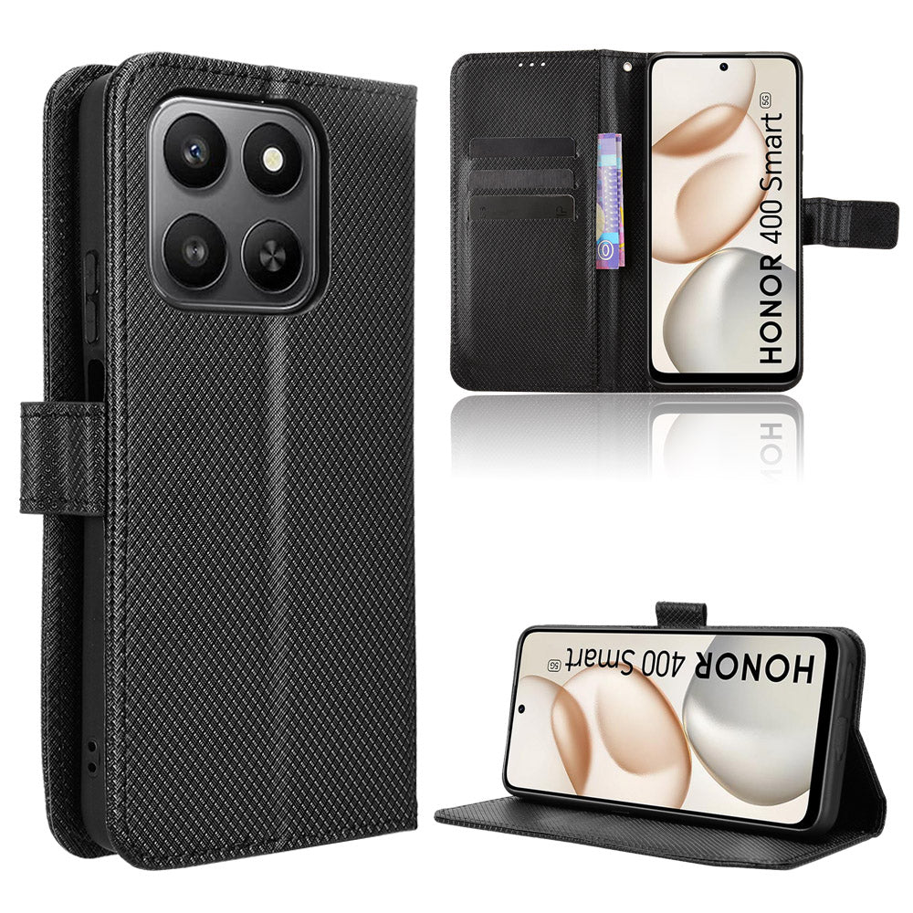 For Honor 400 Smart 5G / 4G / X7d 4G Leather Wallet Case with Strap Diamond Texture Phone Cover