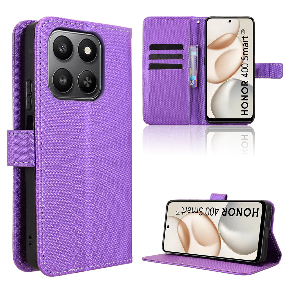 For Honor 400 Smart 5G / 4G / X7d 4G Leather Wallet Case with Strap Diamond Texture Phone Cover