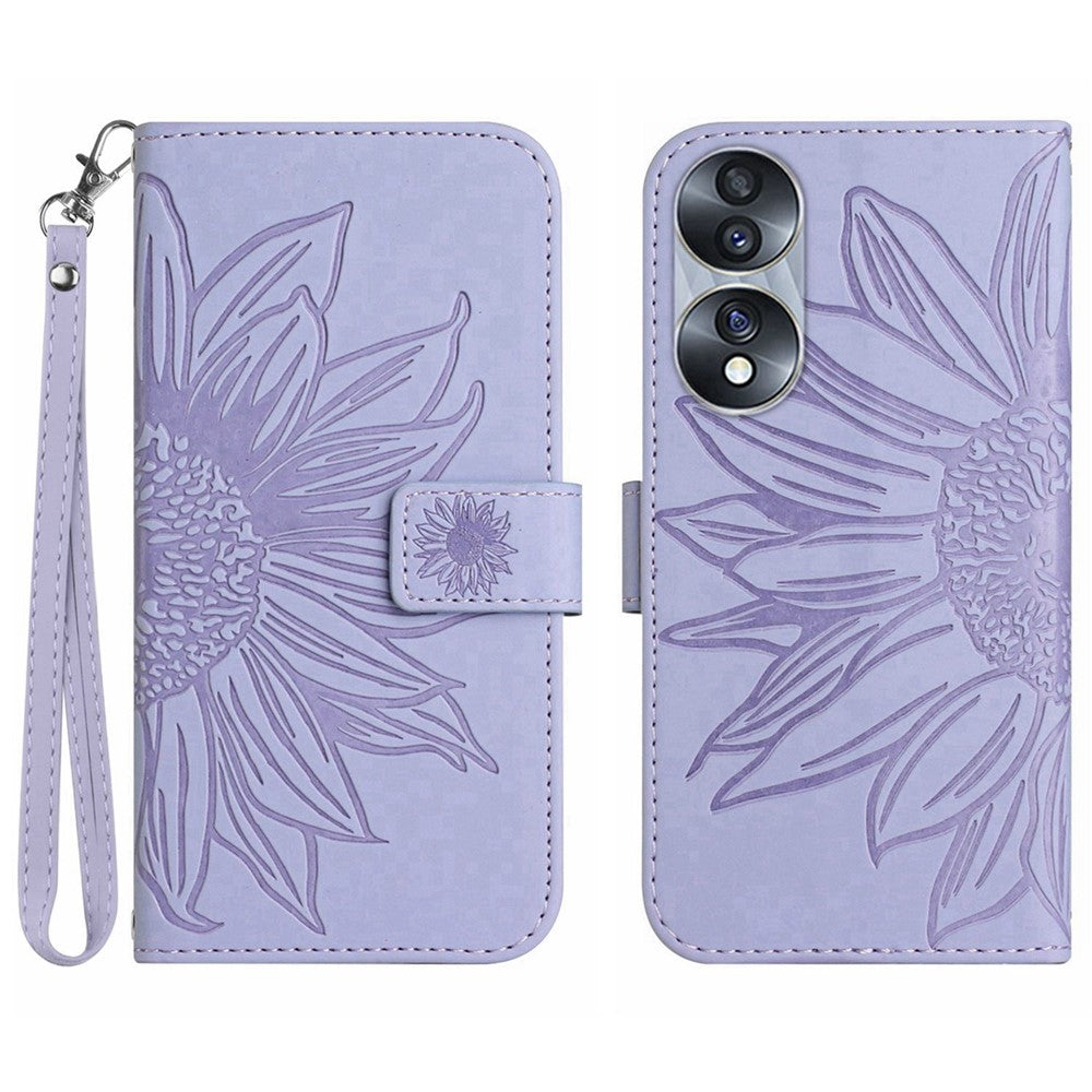 Skin-Touch Feeling Flip Phone Case for Honor 70 5G, Imprinted Sunflower Stand PU Leather Bump Proof Magnetic Wallet Cover with Strap