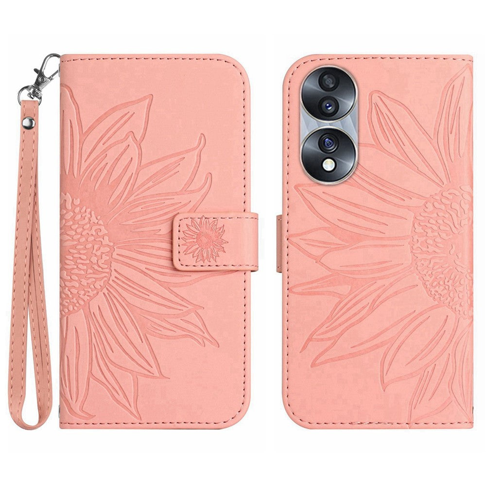 Skin-Touch Feeling Flip Phone Case for Honor 70 5G, Imprinted Sunflower Stand PU Leather Bump Proof Magnetic Wallet Cover with Strap
