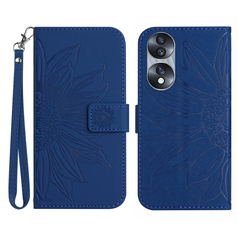 Skin-Touch Feeling Flip Phone Case for Honor 70 5G, Imprinted Sunflower Stand PU Leather Bump Proof Magnetic Wallet Cover with Strap