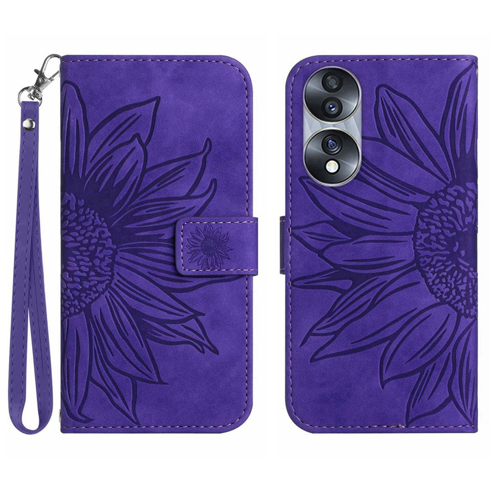 Skin-Touch Feeling Flip Phone Case for Honor 70 5G, Imprinted Sunflower Stand PU Leather Bump Proof Magnetic Wallet Cover with Strap
