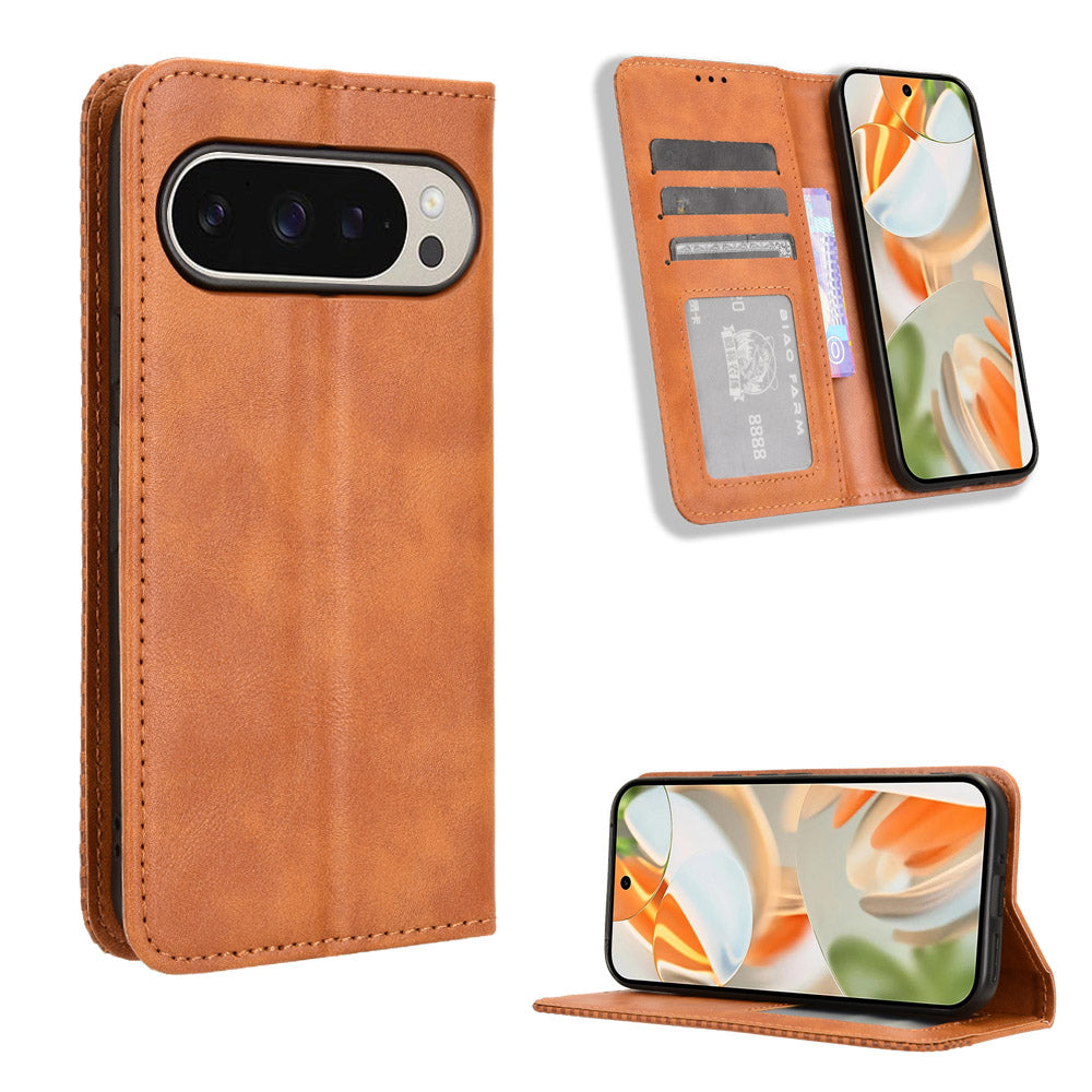 Pixel 10 Pro XL Lederhülle – Mit Brieftaschenfunktion, Ständer & Retro-Textur