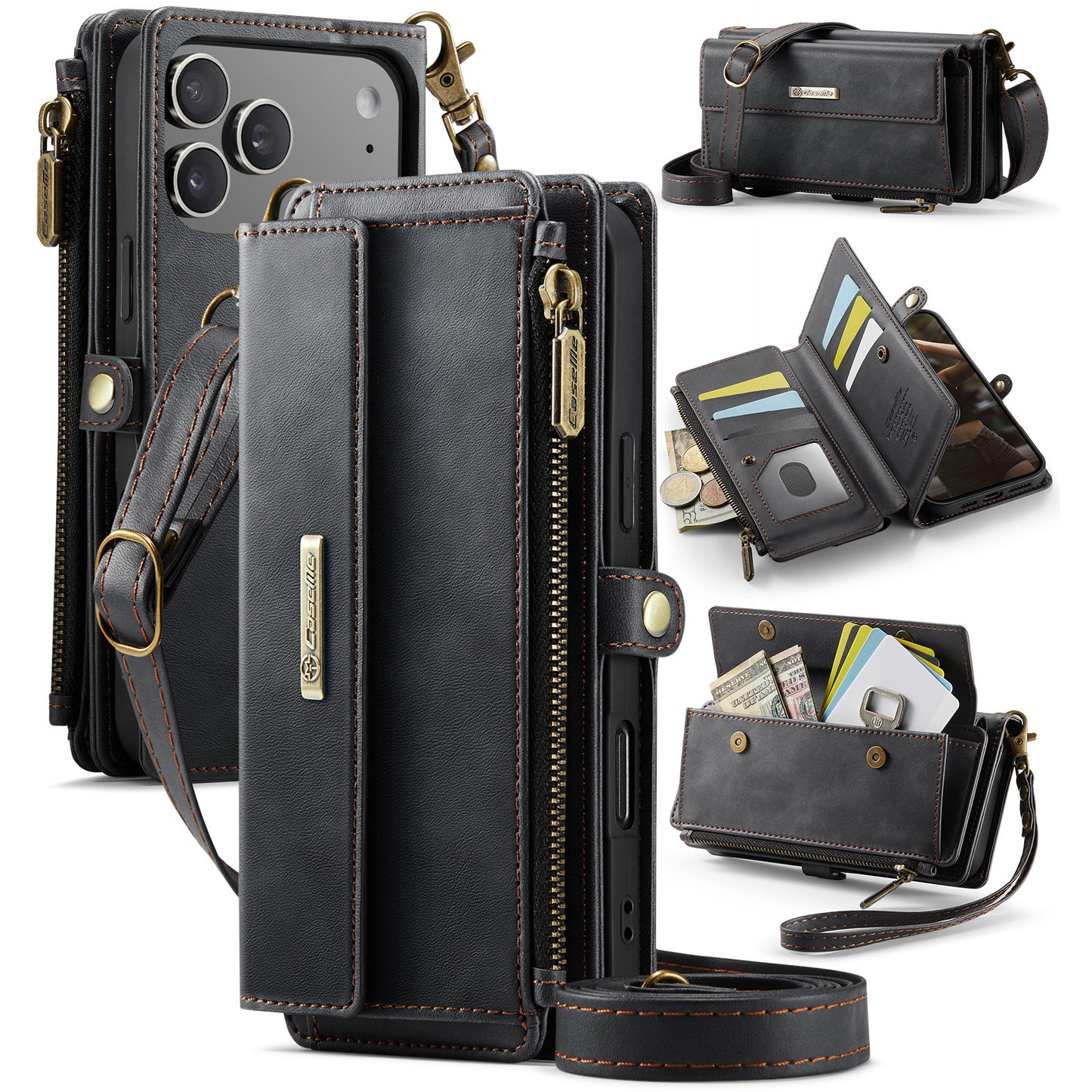 iPhone 17 Pro Max Wallet-Hülle – Mit RFID-blockierende Reißverschluss-Brieftasche, Ständer & Riemen