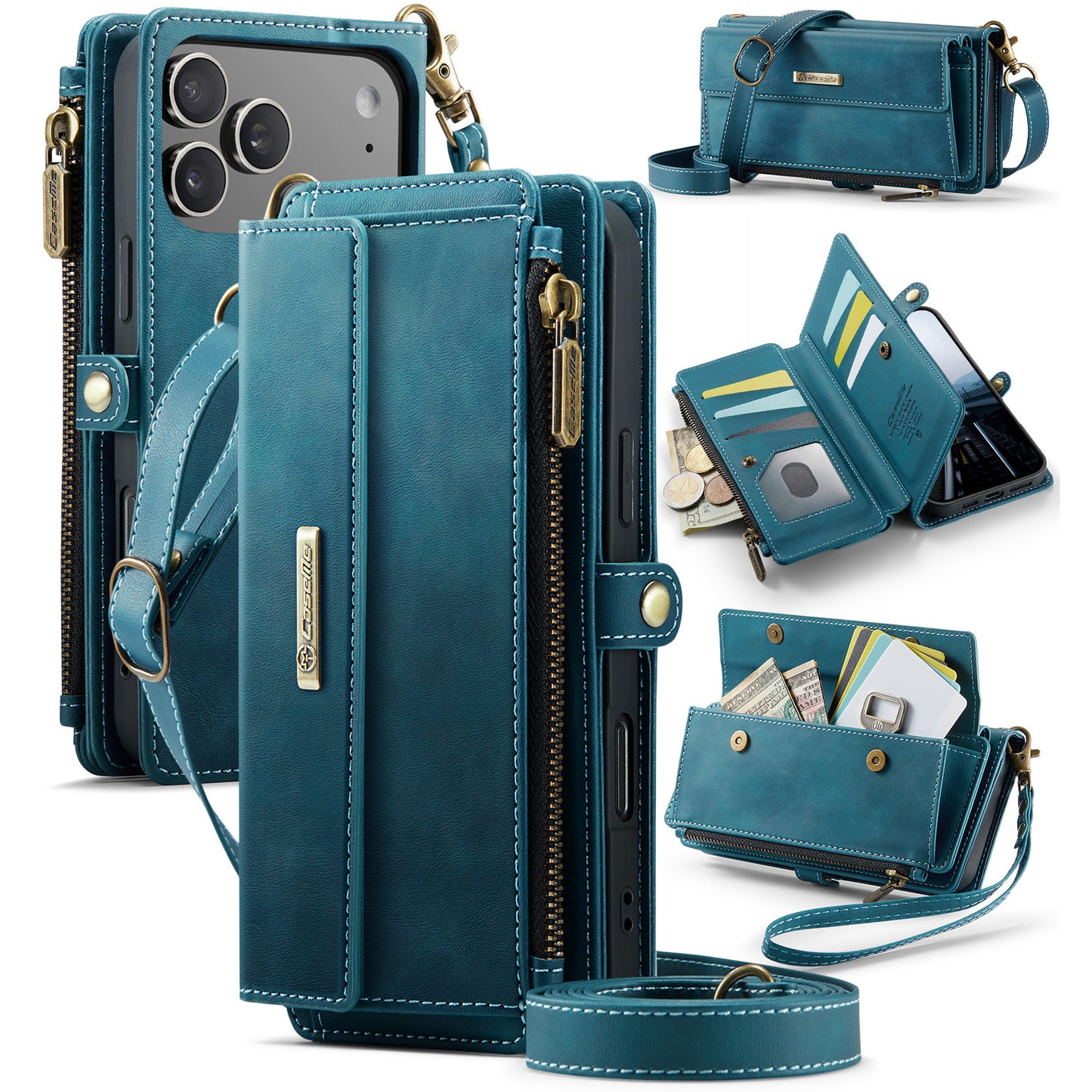 iPhone 17 Pro Max Wallet-Hülle – Mit RFID-blockierende Reißverschluss-Brieftasche, Ständer & Riemen
