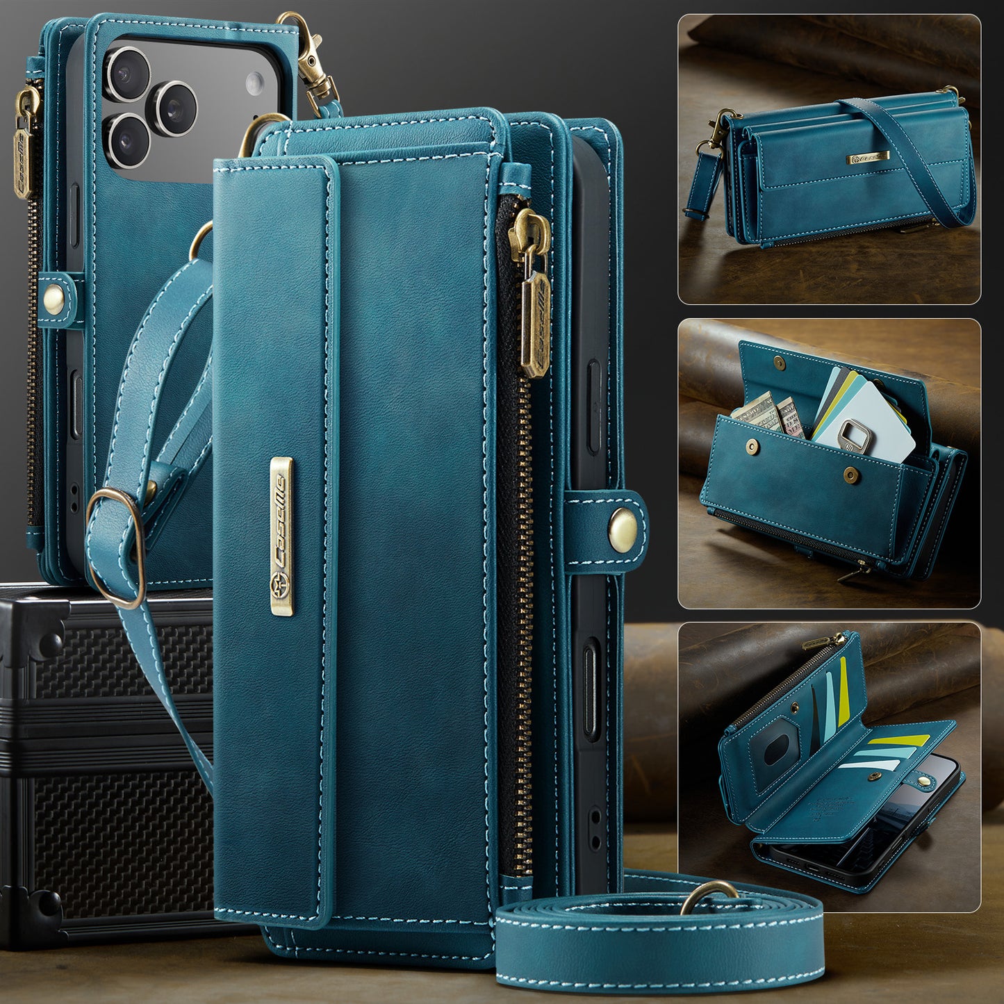 iPhone 17 Pro Max Wallet-Hülle – Mit RFID-blockierende Reißverschluss-Brieftasche, Ständer & Riemen