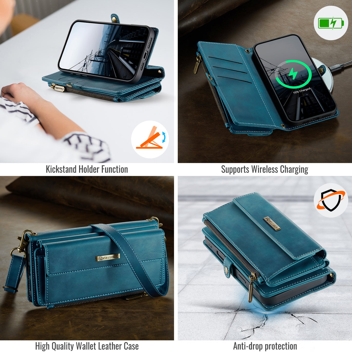iPhone 17 Pro Max Wallet-Hülle – Mit RFID-blockierende Reißverschluss-Brieftasche, Ständer & Riemen