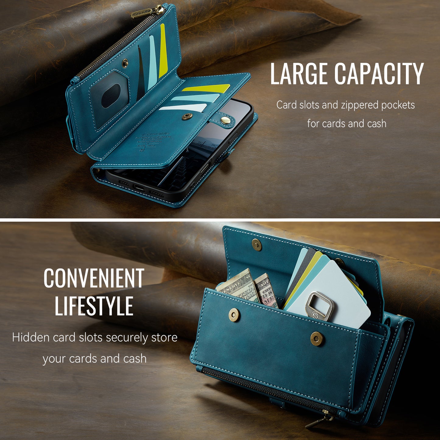 iPhone 17 Wallet-Hülle – Mit RFID-blockierende Reißverschluss-Brieftasche, Ständer & Riemen