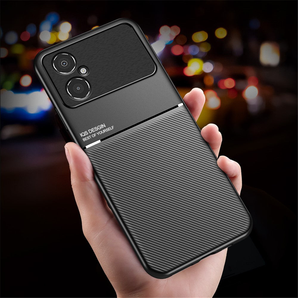 For Xiaomi Poco M4 5G Shock Absorbing Back Case with Built-in Metal Sheet Lines Imprinted PU Leather+TPU Hybrid Shell
