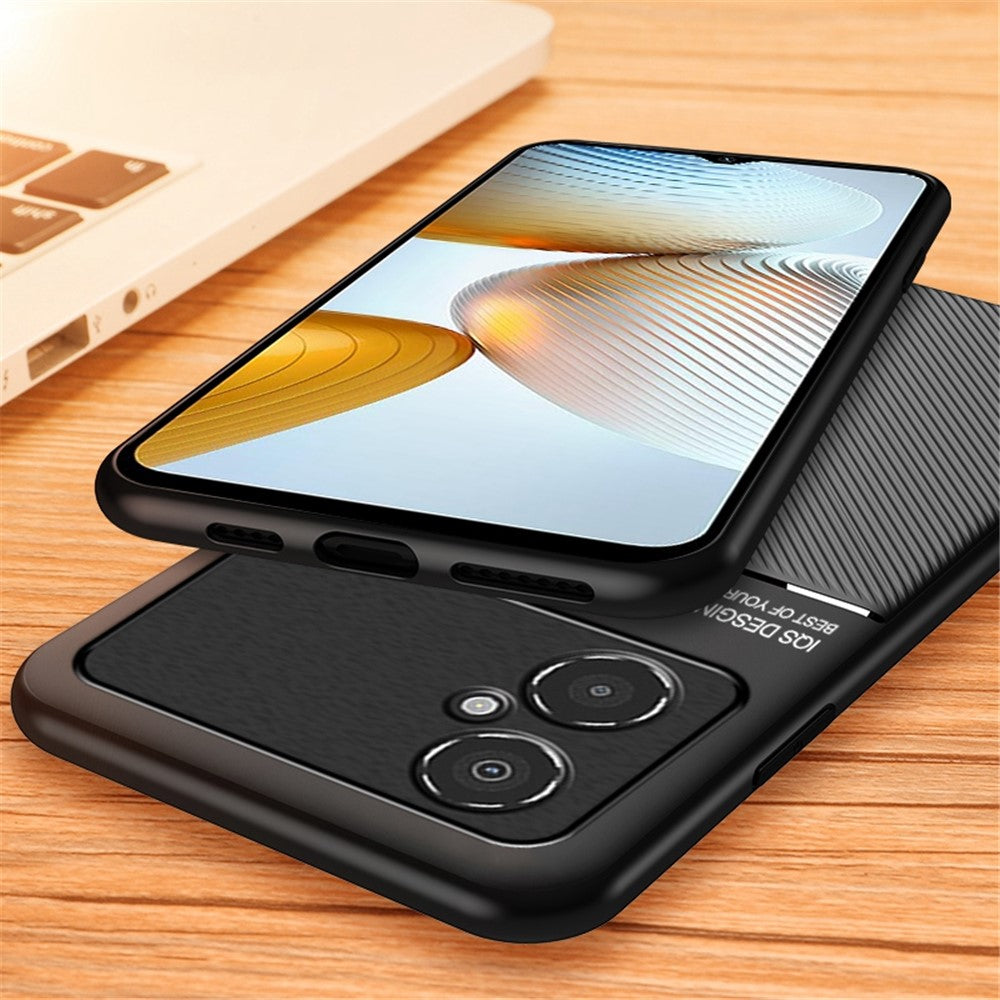 For Xiaomi Poco M4 5G Shock Absorbing Back Case with Built-in Metal Sheet Lines Imprinted PU Leather+TPU Hybrid Shell