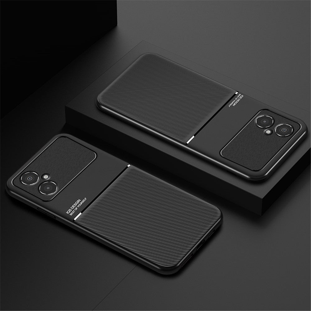 For Xiaomi Poco M4 5G Shock Absorbing Back Case with Built-in Metal Sheet Lines Imprinted PU Leather+TPU Hybrid Shell