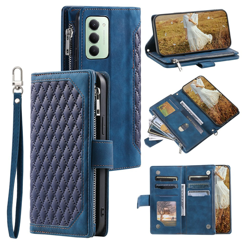 For Xiaomi Redmi 15 5G (EU) (171mm)  /  4G (EU) (171mm) Wallet Case Rhombus Stitching Line PU Leather Phone Cover with Wrist Strap