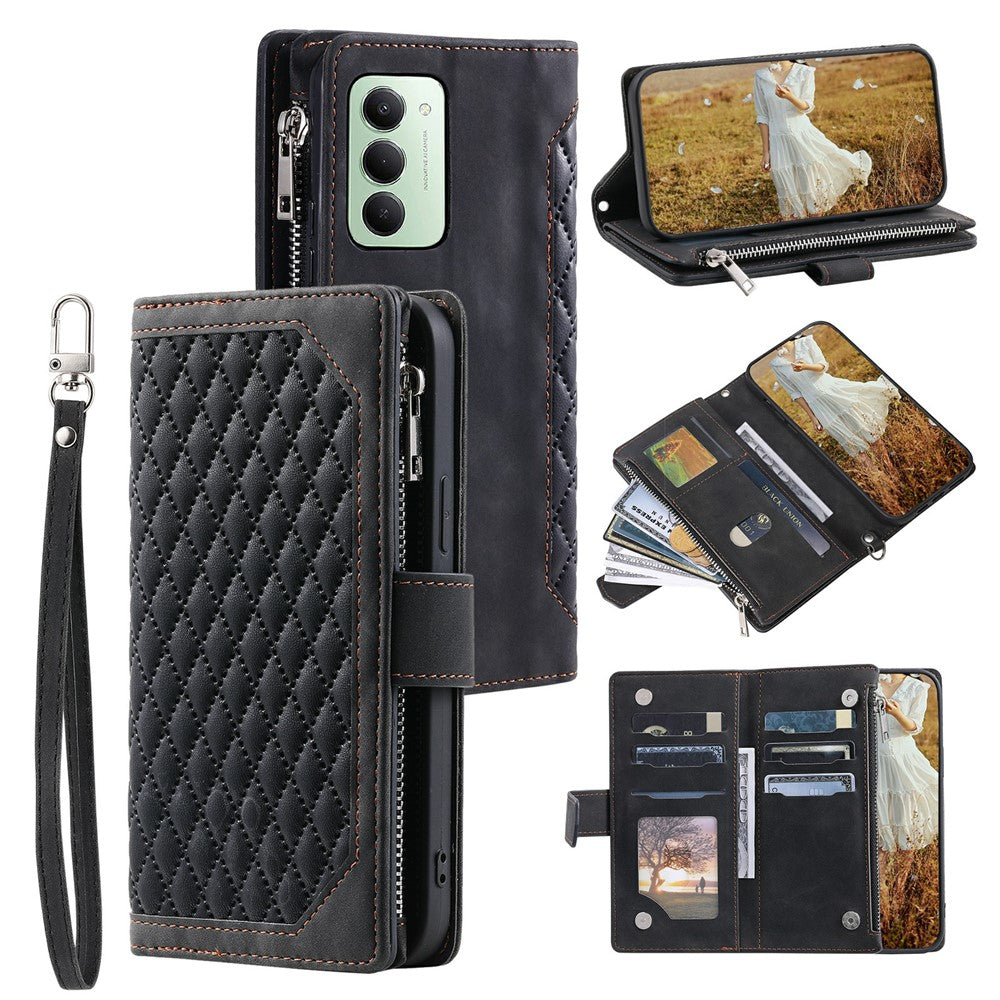 For Xiaomi Redmi 15 5G (EU) (171mm)  /  4G (EU) (171mm) Wallet Case Rhombus Stitching Line PU Leather Phone Cover with Wrist Strap