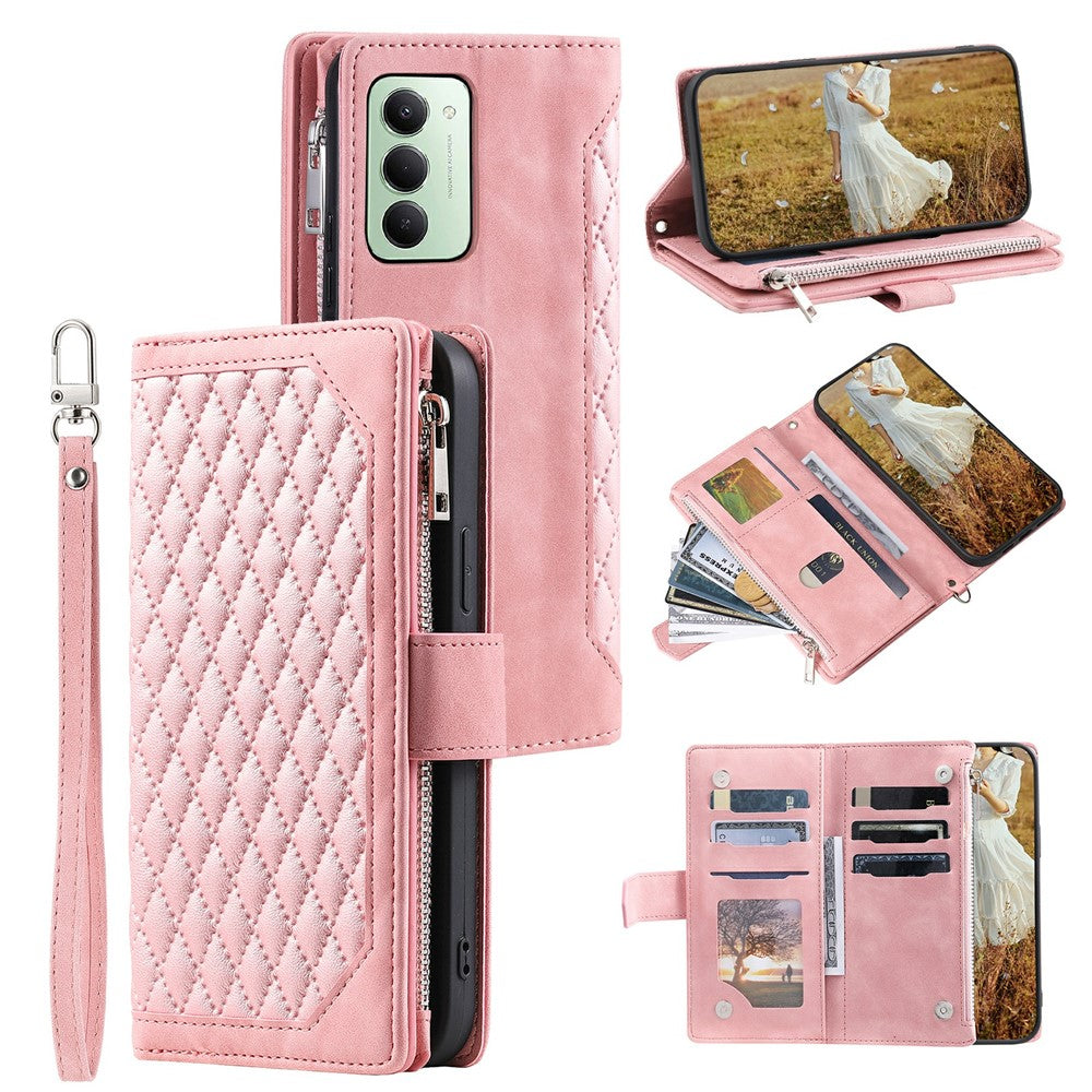 For Xiaomi Redmi 15 5G (EU) (171mm)  /  4G (EU) (171mm) Wallet Case Rhombus Stitching Line PU Leather Phone Cover with Wrist Strap