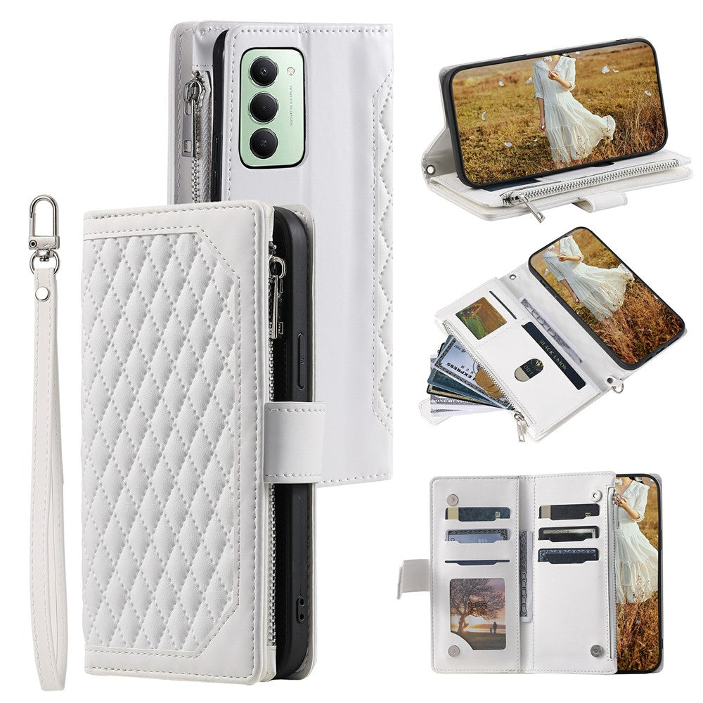For Xiaomi Redmi 15 5G (EU) (171mm)  /  4G (EU) (171mm) Wallet Case Rhombus Stitching Line PU Leather Phone Cover with Wrist Strap