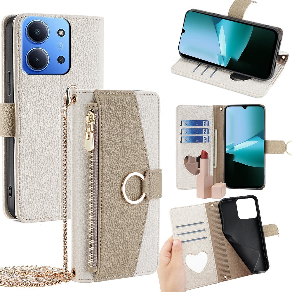 Leather Case for Xiaomi Redmi 15C 4G (EU) (173mm) / 15C 5G (EU) (173mm) / Poco C85 4G (173mm) Mirror Wallet Phone Cover with Chain Shoulder Strap