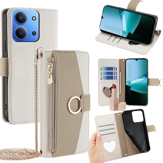 Leather Case for Xiaomi Redmi 15C 4G (EU) (173mm) / 15C 5G (EU) (173mm) / Poco C85 4G (173mm) Mirror Wallet Phone Cover with Chain Shoulder Strap