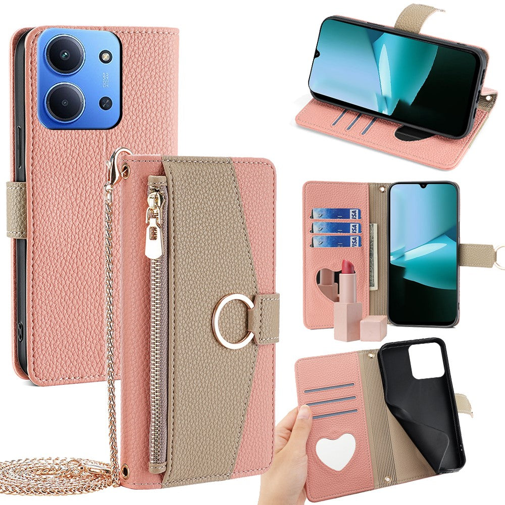 Leather Case for Xiaomi Redmi 15C 4G (EU) (173mm) / 15C 5G (EU) (173mm) / Poco C85 4G (173mm) Mirror Wallet Phone Cover with Chain Shoulder Strap
