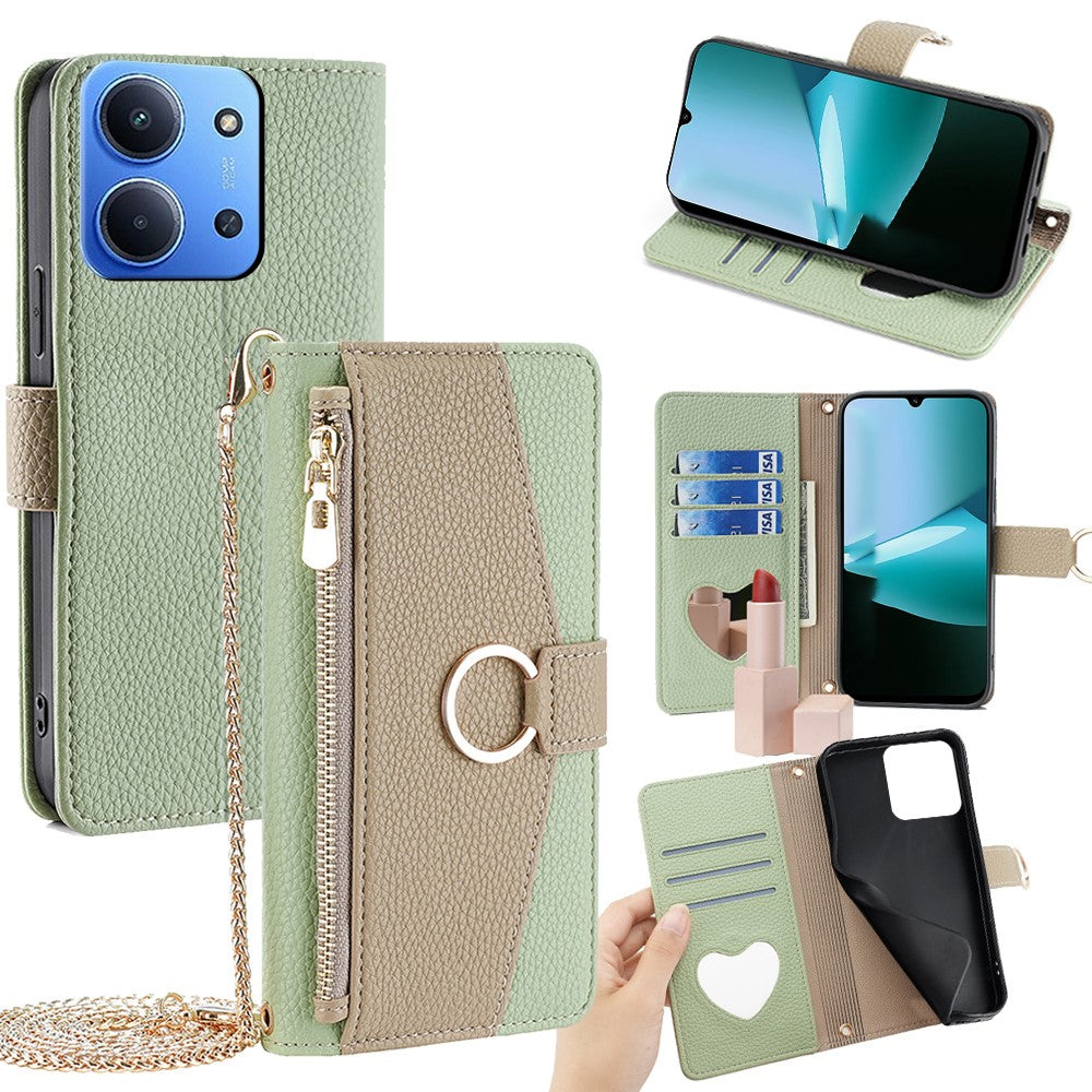Leather Case for Xiaomi Redmi 15C 4G (EU) (173mm) / 15C 5G (EU) (173mm) / Poco C85 4G (173mm) Mirror Wallet Phone Cover with Chain Shoulder Strap