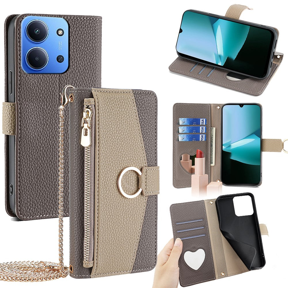 Leather Case for Xiaomi Redmi 15C 4G (EU) (173mm) / 15C 5G (EU) (173mm) / Poco C85 4G (173mm) Mirror Wallet Phone Cover with Chain Shoulder Strap