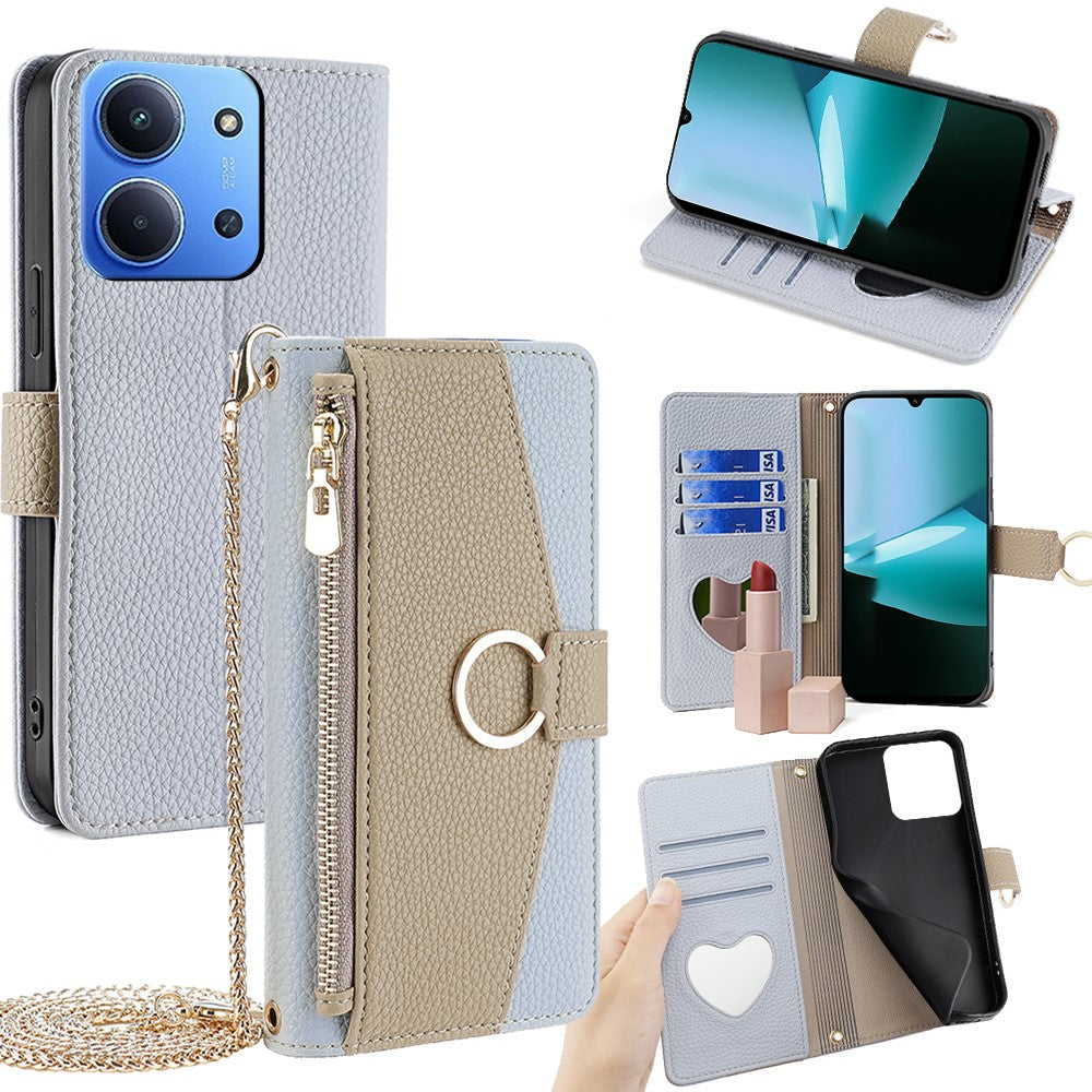 Leather Case for Xiaomi Redmi 15C 4G (EU) (173mm) / 15C 5G (EU) (173mm) / Poco C85 4G (173mm) Mirror Wallet Phone Cover with Chain Shoulder Strap