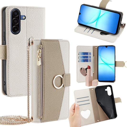 Galaxy A17 5G/4G Wallet-Hülle – Litschi-Textur, mit Spiegel & Kettenschultergurt
