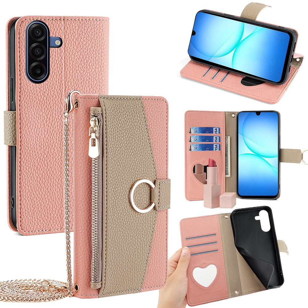 Galaxy A17 5G/4G Wallet-Hülle – Litschi-Textur, mit Spiegel & Kettenschultergurt
