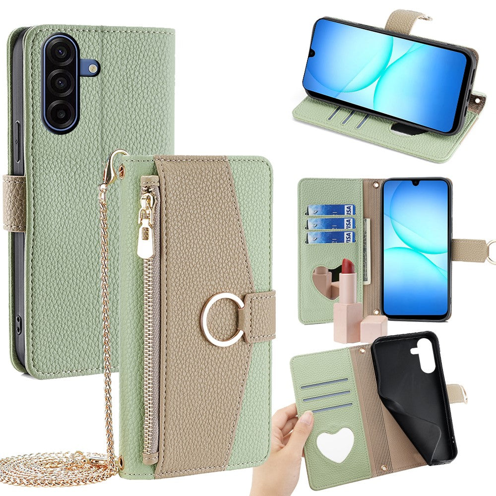 Galaxy A17 5G/4G Wallet-Hülle – Litschi-Textur, mit Spiegel & Kettenschultergurt