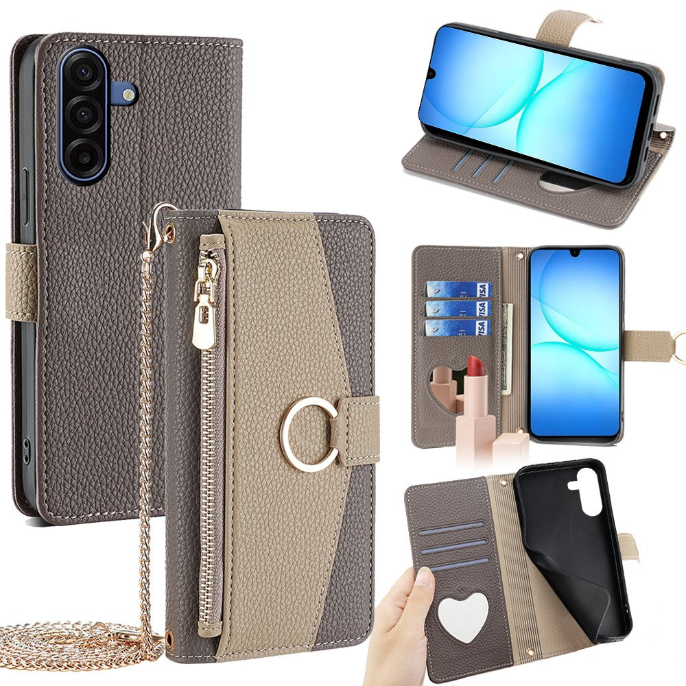 Galaxy A17 5G/4G Wallet-Hülle – Litschi-Textur, mit Spiegel & Kettenschultergurt