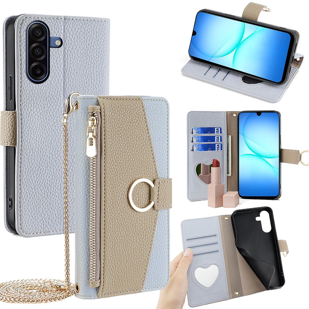 Galaxy A17 5G/4G Wallet-Hülle – Litschi-Textur, mit Spiegel & Kettenschultergurt