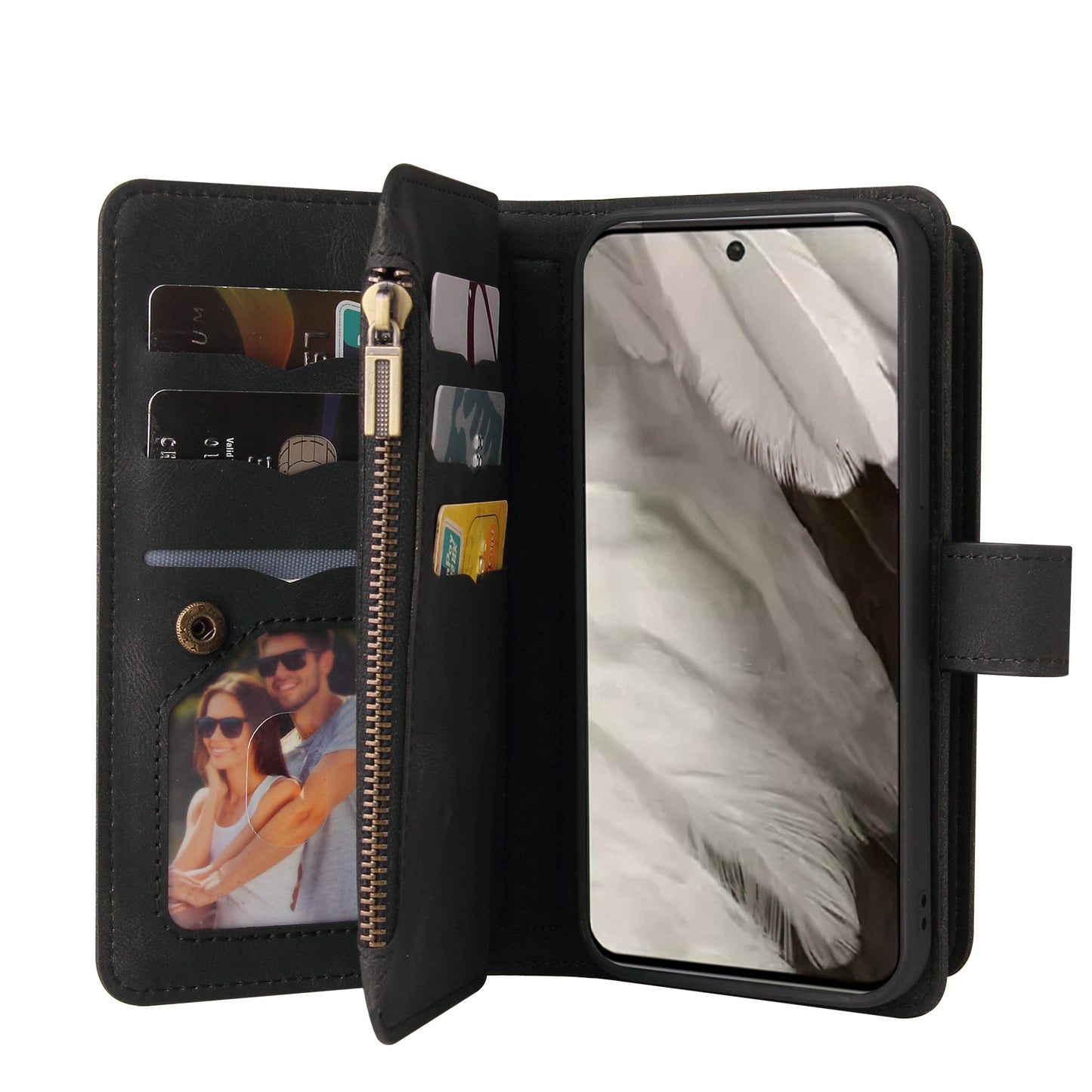 Pixel 8 Lederhülle – Mit Reißverschluss-Geldbörse, 15 Kartenfächern & Tragegurt