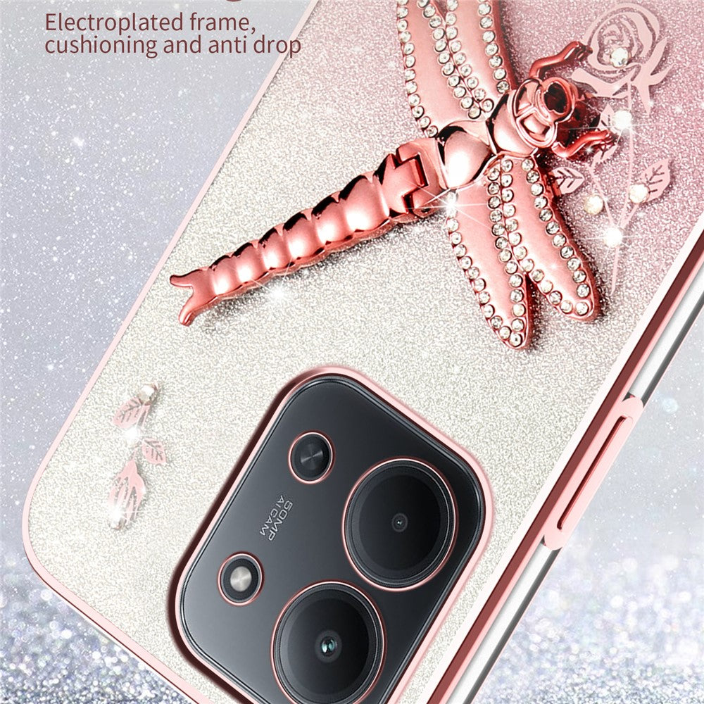 KADEM Phone Case For Xiaomi Redmi 15C 4G (EU) (173mm) / 15C 5G (EU) (173mm) / Poco C85 Dragonfly Kickstand TPU Flowers Glitter Cover