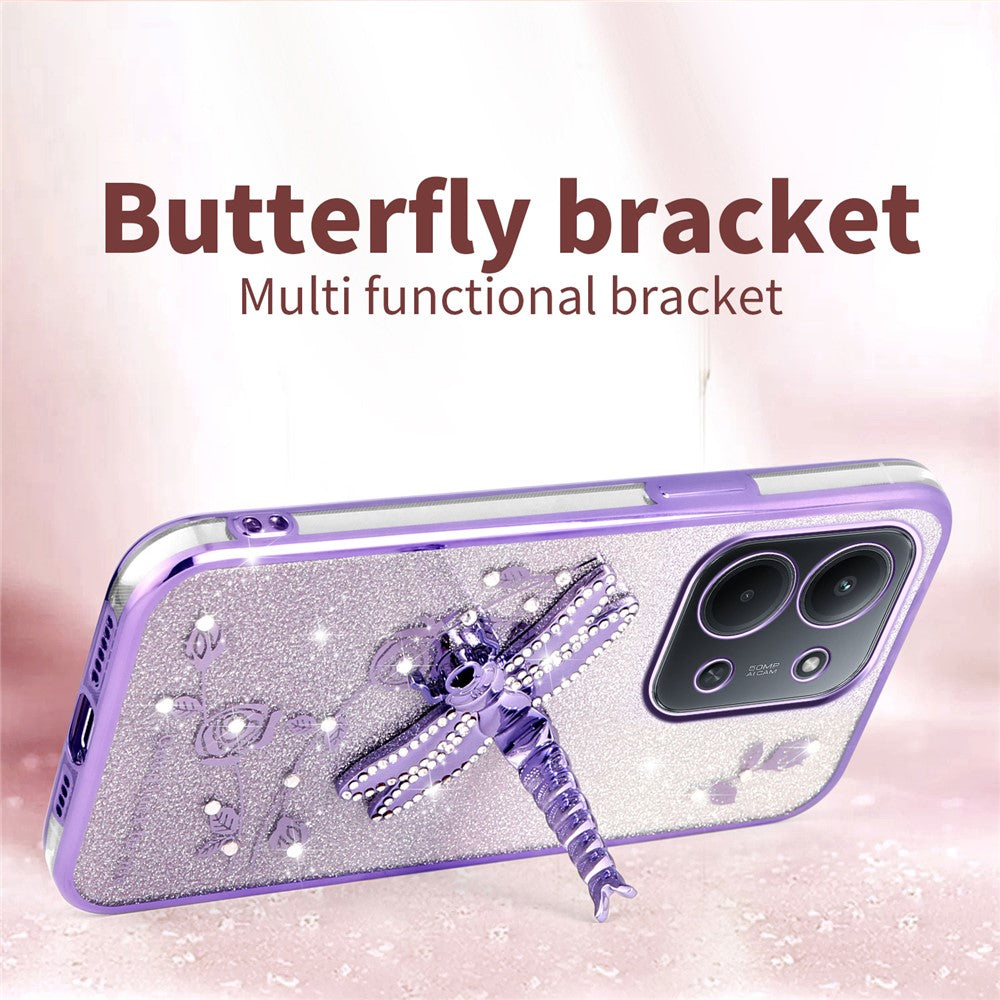 KADEM Phone Case For Xiaomi Redmi 15C 4G (EU) (173mm) / 15C 5G (EU) (173mm) / Poco C85 Dragonfly Kickstand TPU Flowers Glitter Cover