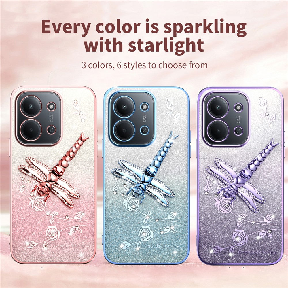 KADEM Phone Case For Xiaomi Redmi 15C 4G (EU) (173mm) / 15C 5G (EU) (173mm) / Poco C85 Dragonfly Kickstand TPU Flowers Glitter Cover