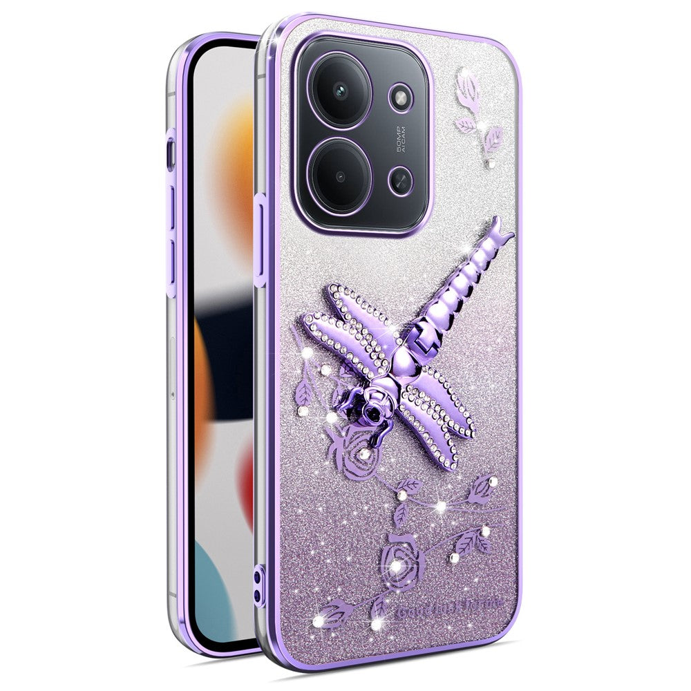 KADEM Phone Case For Xiaomi Redmi 15C 4G (EU) (173mm) / 15C 5G (EU) (173mm) / Poco C85 Dragonfly Kickstand TPU Flowers Glitter Cover