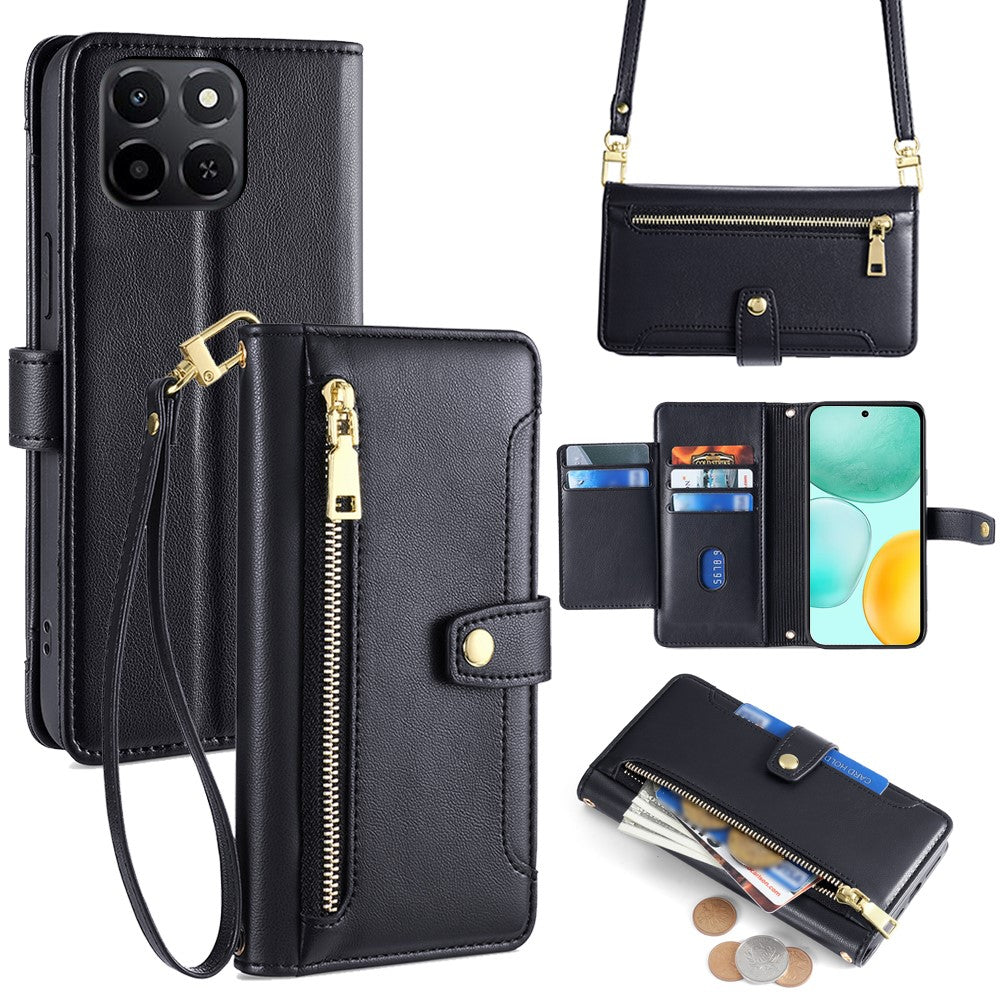 For Honor X6c 4G Leather Case Zipper Pocket Wallet Phone Cover with 2 Straps