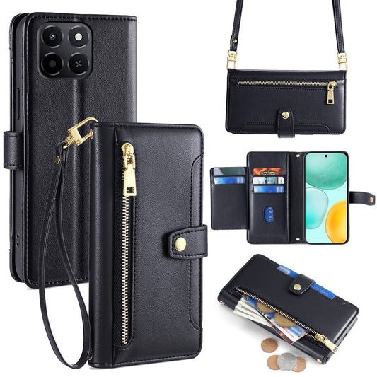 Honor X6c 4G Handyhülle – Ledertasche mit Reißverschlusstasche und 2 Riemen