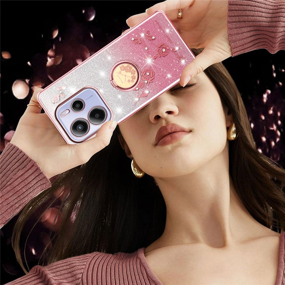 KADEM For Xiaomi Redmi Note 14 4G (164.84mm) Case Ring Kickstand TPU Flowers Phone Cover Gradient Glitter