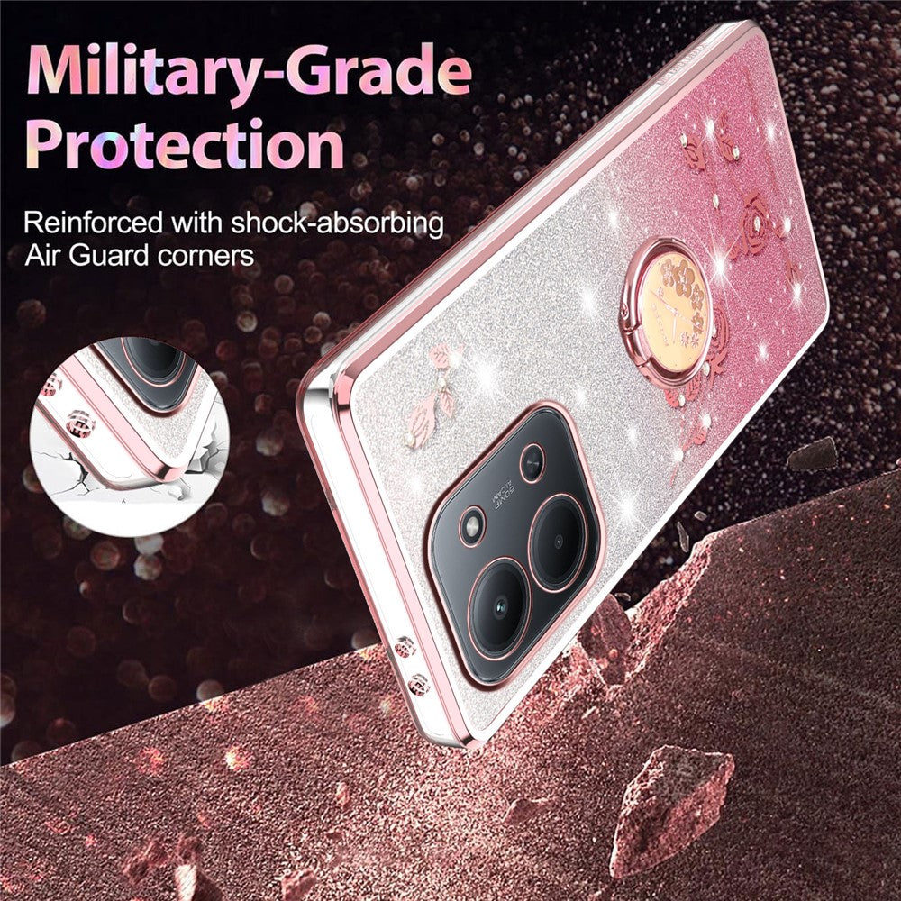 KADEM For Xiaomi Redmi 15C 4G (EU) (173mm)  /  5G (EU) (173mm)  /  Poco C85 4G (173mm) Case Kickstand TPU Flowers Phone Cover Gradient Glitter