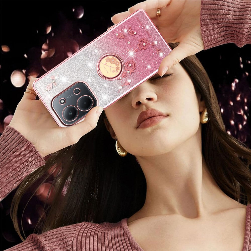 KADEM For Xiaomi Redmi 15C 4G (EU) (173mm)  /  5G (EU) (173mm)  /  Poco C85 4G (173mm) Case Kickstand TPU Flowers Phone Cover Gradient Glitter