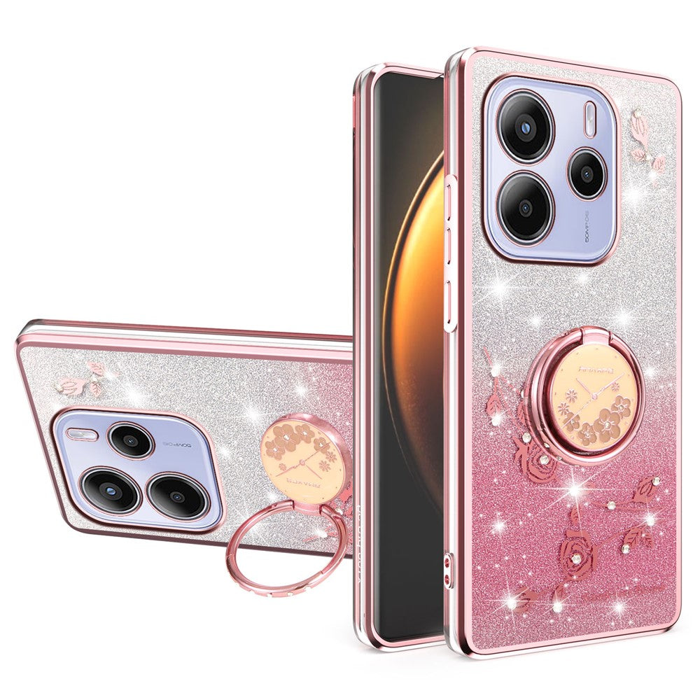 KADEM For Xiaomi Redmi Note 14 5G Case Ring Kickstand TPU Flowers Phone Cover Gradient Glitter