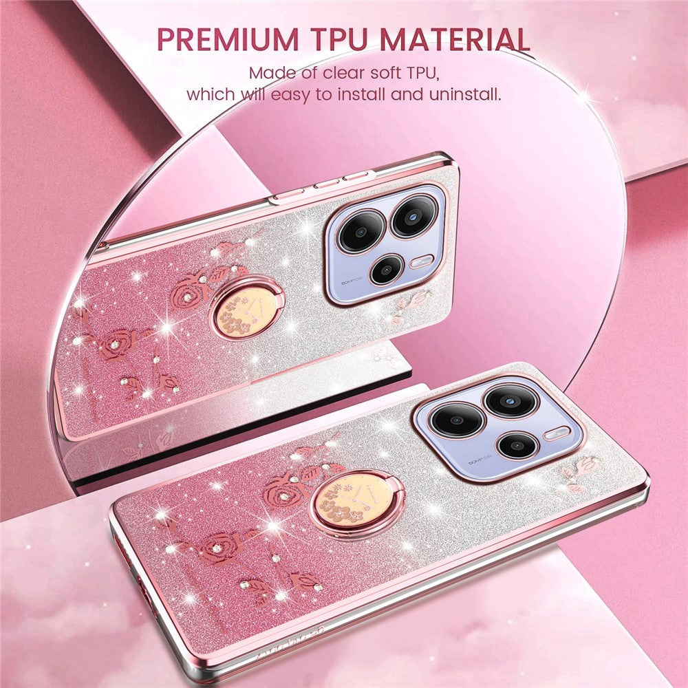 KADEM For Xiaomi Redmi Note 14 5G Case Ring Kickstand TPU Flowers Phone Cover Gradient Glitter