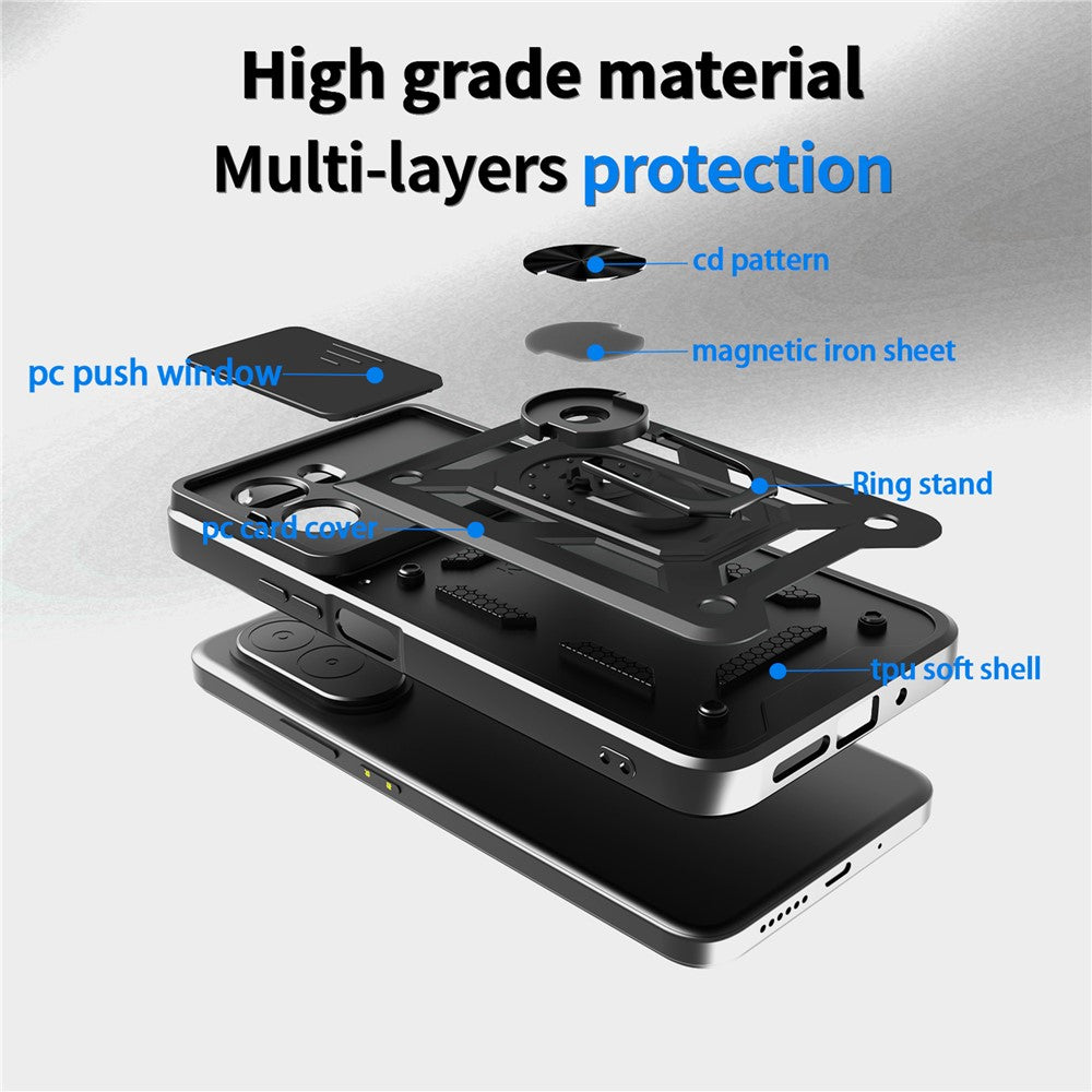 For Xiaomi Poco M7 4G (169mm) Case with Slide Camera Lid PC + TPU Kickstand Phone Cover
