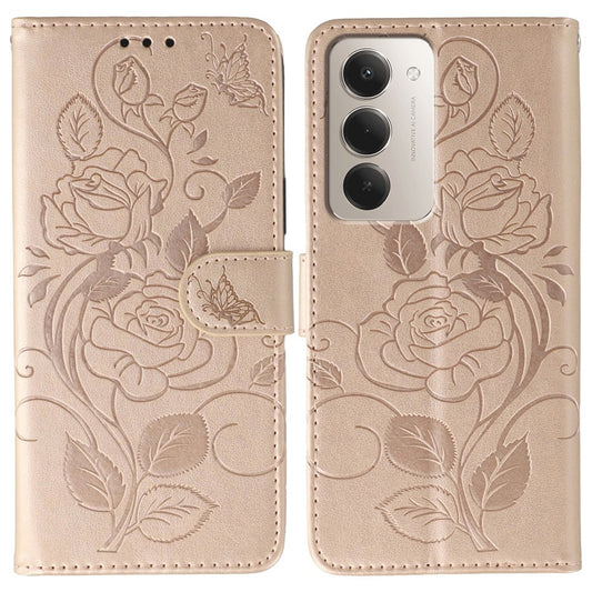 Xiaomi Redmi 15 4G (EU) (171mm) Handyhülle – Brieftaschenständer, bedruckter Rosen-Schmetterling, PU-Leder