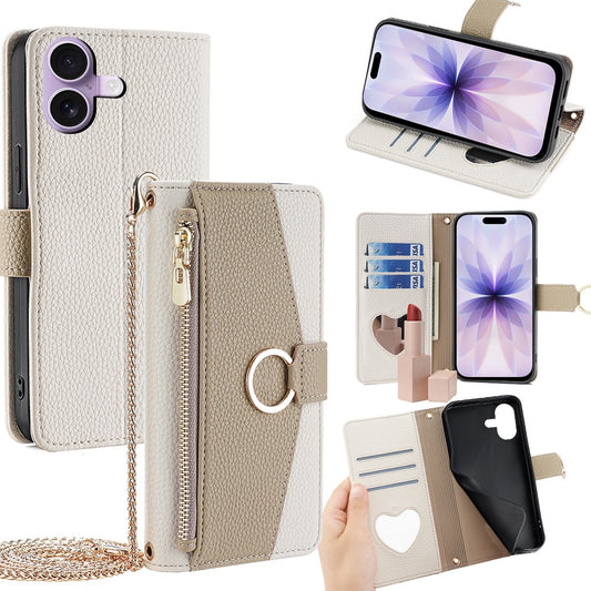 iPhone 17 Wallet-Hülle – Litschi-Textur, mit Spiegel & Kettenschultergurt