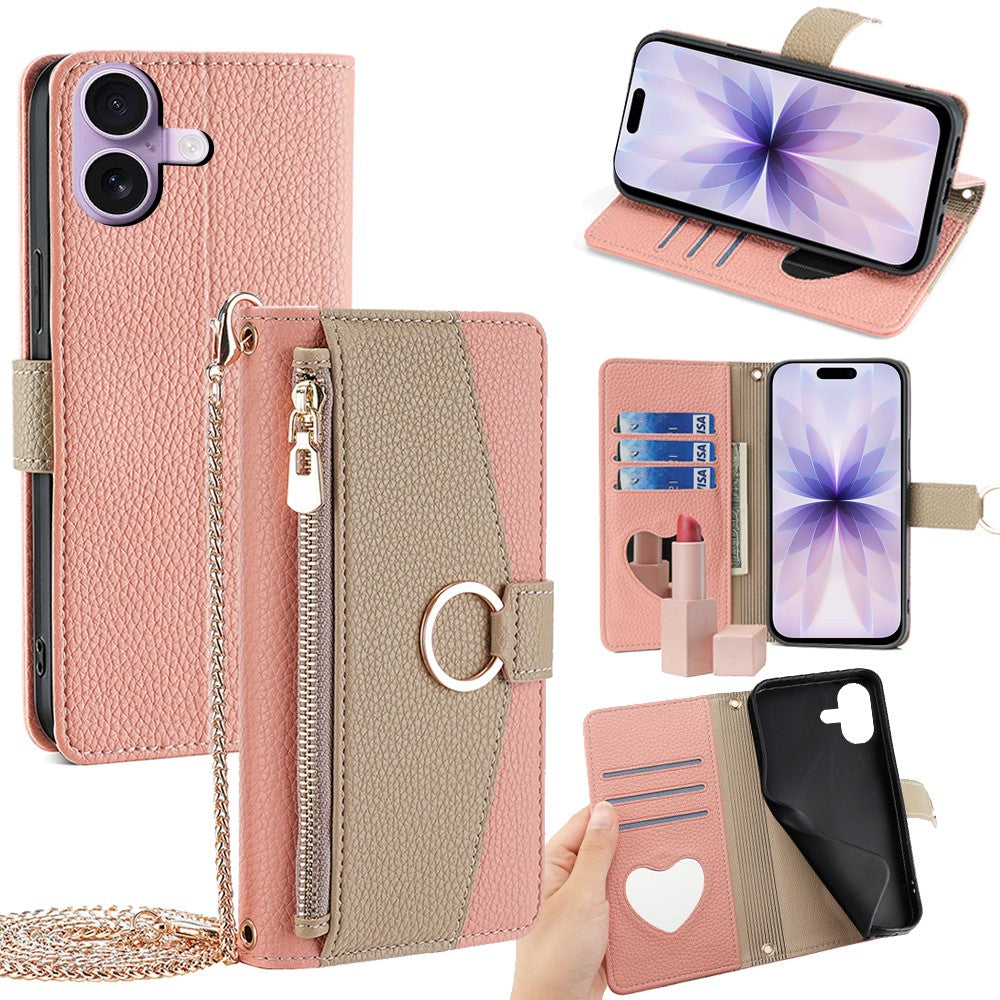 iPhone 17 Wallet-Hülle – Litschi-Textur, mit Spiegel & Kettenschultergurt