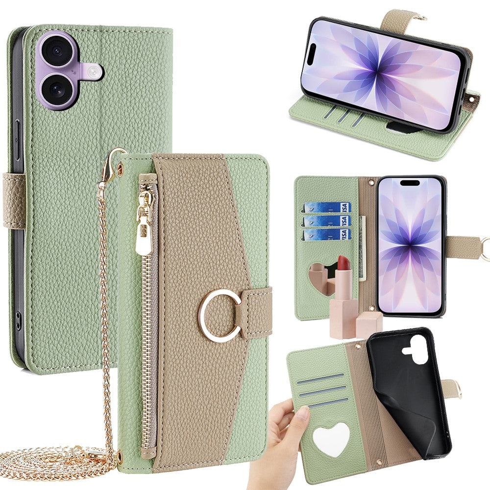 iPhone 17 Wallet-Hülle – Litschi-Textur, mit Spiegel & Kettenschultergurt