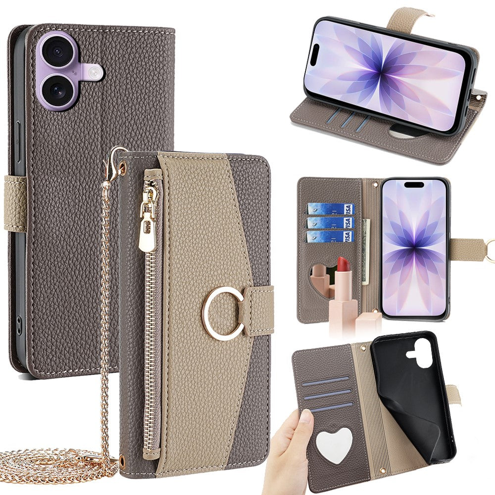 iPhone 17 Wallet-Hülle – Litschi-Textur, mit Spiegel & Kettenschultergurt
