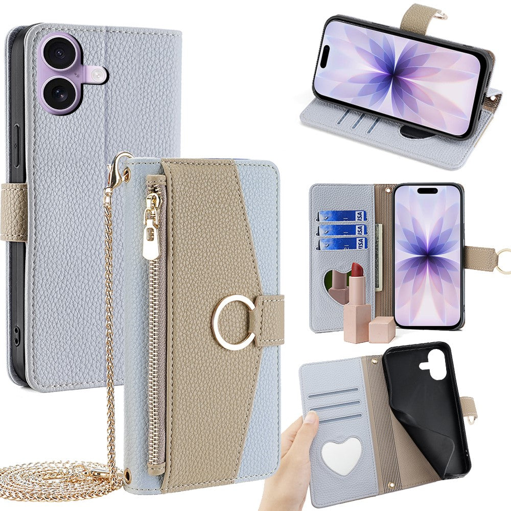 iPhone 17 Wallet-Hülle – Litschi-Textur, mit Spiegel & Kettenschultergurt