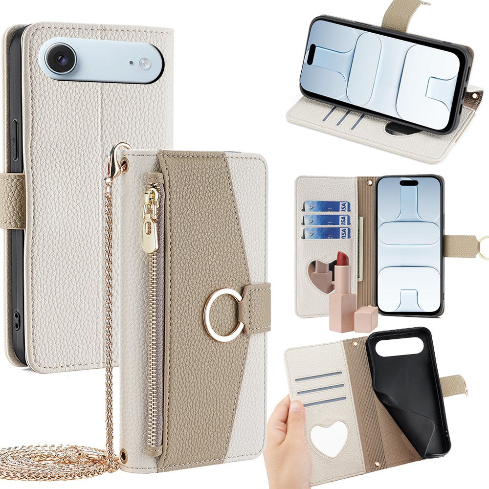 iPhone Air Wallet-Hülle – Litschi-Textur, mit Spiegel & Kettenschultergurt